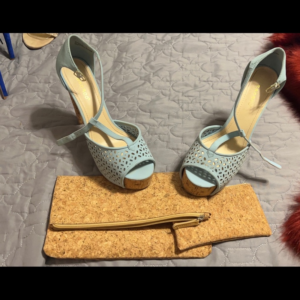 Cute baby blue platform with cork heel and matching clutch